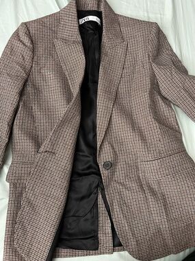 Zara Taupe and Black Glen Plaid Single-Button Blazer